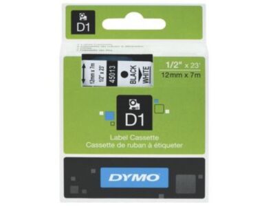 Dymo D1 lint 12mm must/valge